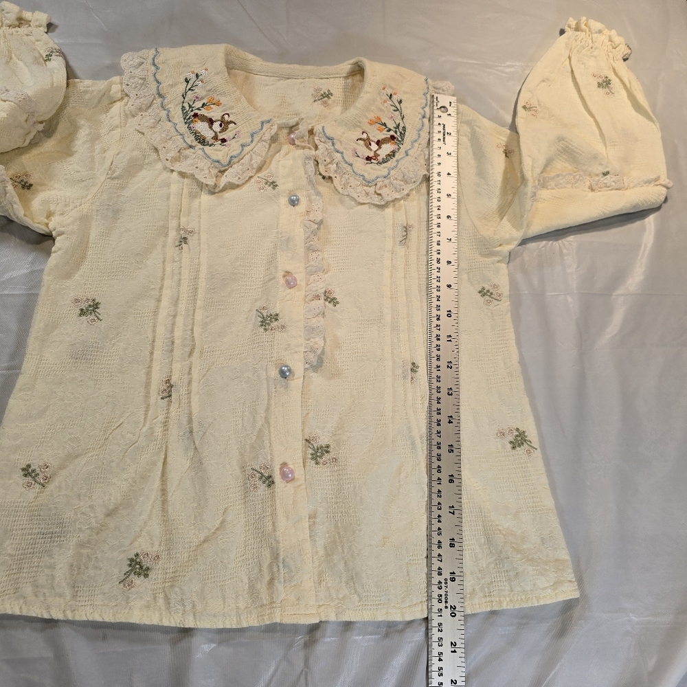 Charming Cream Girl's Blouse with Embroidered Bunnies And Flowers. - Picture 7 of 7